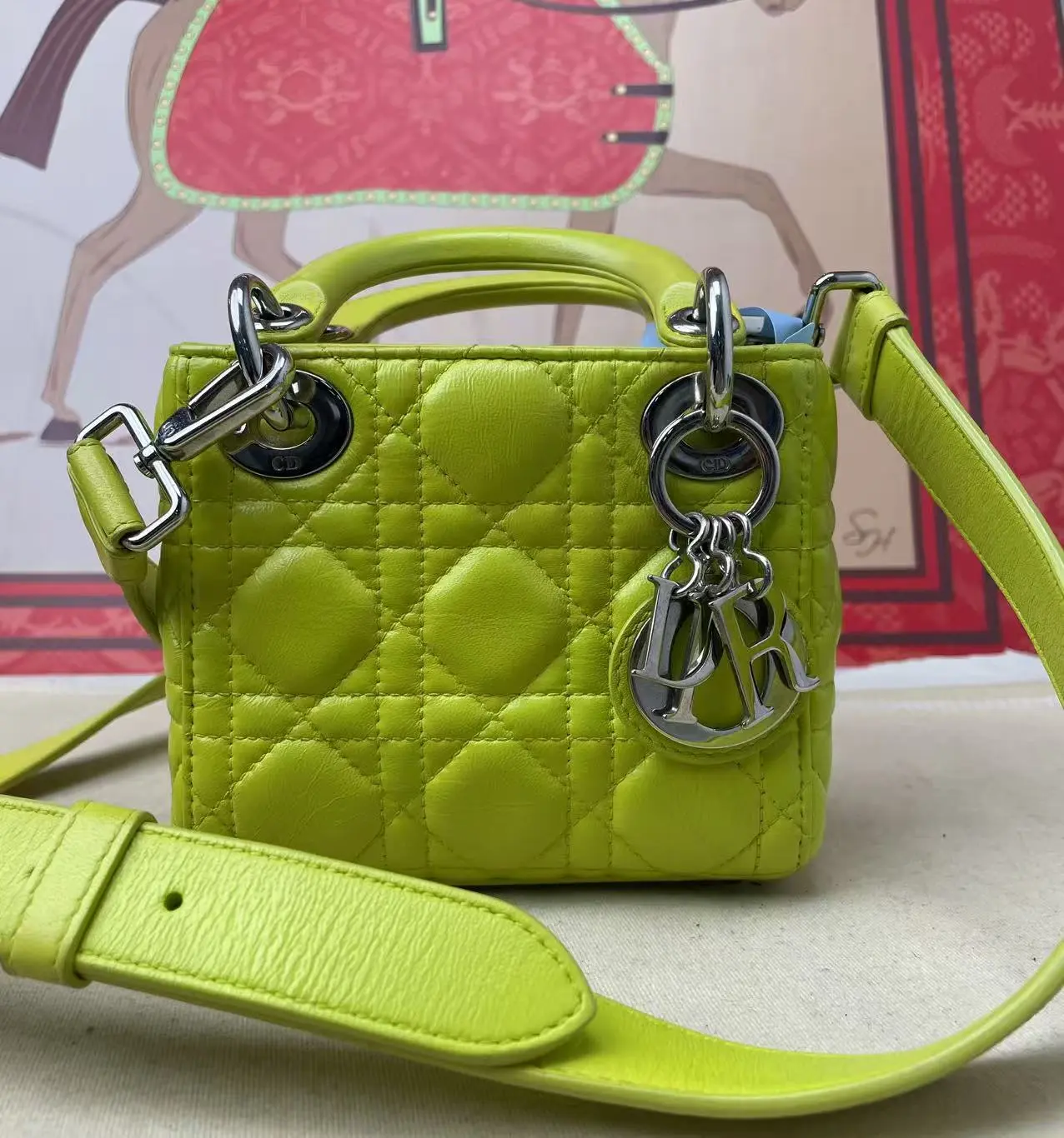 Pre-owned Dior Authentic Mini Lady Handbag, Preowned Designer Crossbody Purse, Lime Green Cannage Leather Bag with Silver Hardware & Detachable Strap