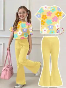 Girls' Casual Floral Print Round Neck Short Sleeve Top & Bell Bottom Pants Set, Summer, Perfect for Outdoor Activities, Summer Clothing Set