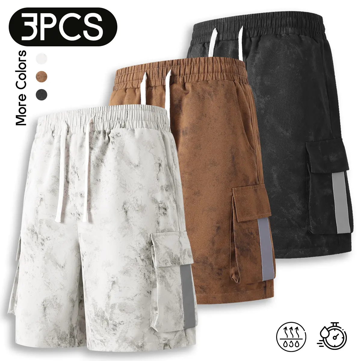Men's 3-Pack Cargo Shorts, Quick Dry Mesh Lining Athletic Shorts with Pockets, Summer Casual Loose Fit Beach Shorts, Marble Print Outdoor Workout Gym Shorts