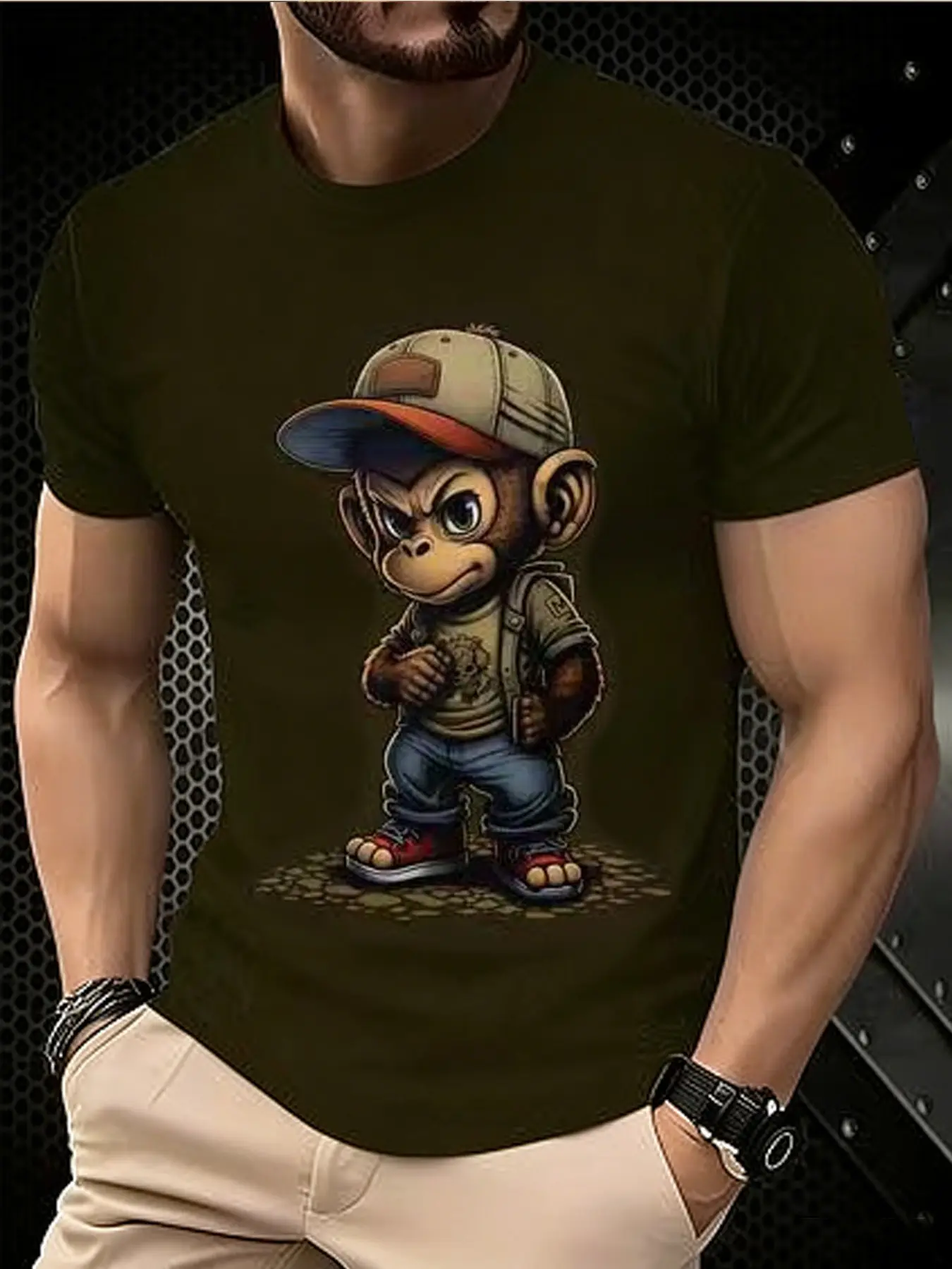 Men's Printed Monkey T-Shirt - Black/Gradient Multi-color Trendy Top, Fitted Round-neck Short-Sleeved T-shirt, suitable for daily wear, casual gatherings, fashionable gradient style, machine washable, Streetwear