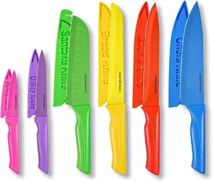 Knife Set, 12-PC Colorful Kitchen Knife Set, 6 Sharp Kitchen Knives with Built-in Sharpener Covers for Cooking, Cutting&Chopping (Multicolor)