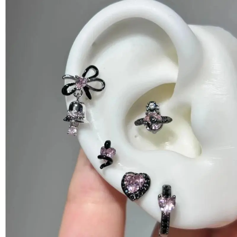 Women's Copper Cartilage Stud Earrings - Bow Embellished, Pink Zircon Heart, Conch Piercing Fashion Jewelry for Casual, Elegant Female Accessory