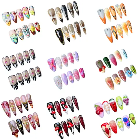 Nailrosy 10pcs Press-On Sheet Nails Multi-Pack Kit, Luxury Handmade 3D Floral Middle-Long Almond Coffin Stick-On False Nails & Accessories, Beige-White Ombre Gloss, Old Money Elegant Minimalist Cat Eye French Neutral Design, Hassle-Free Wear