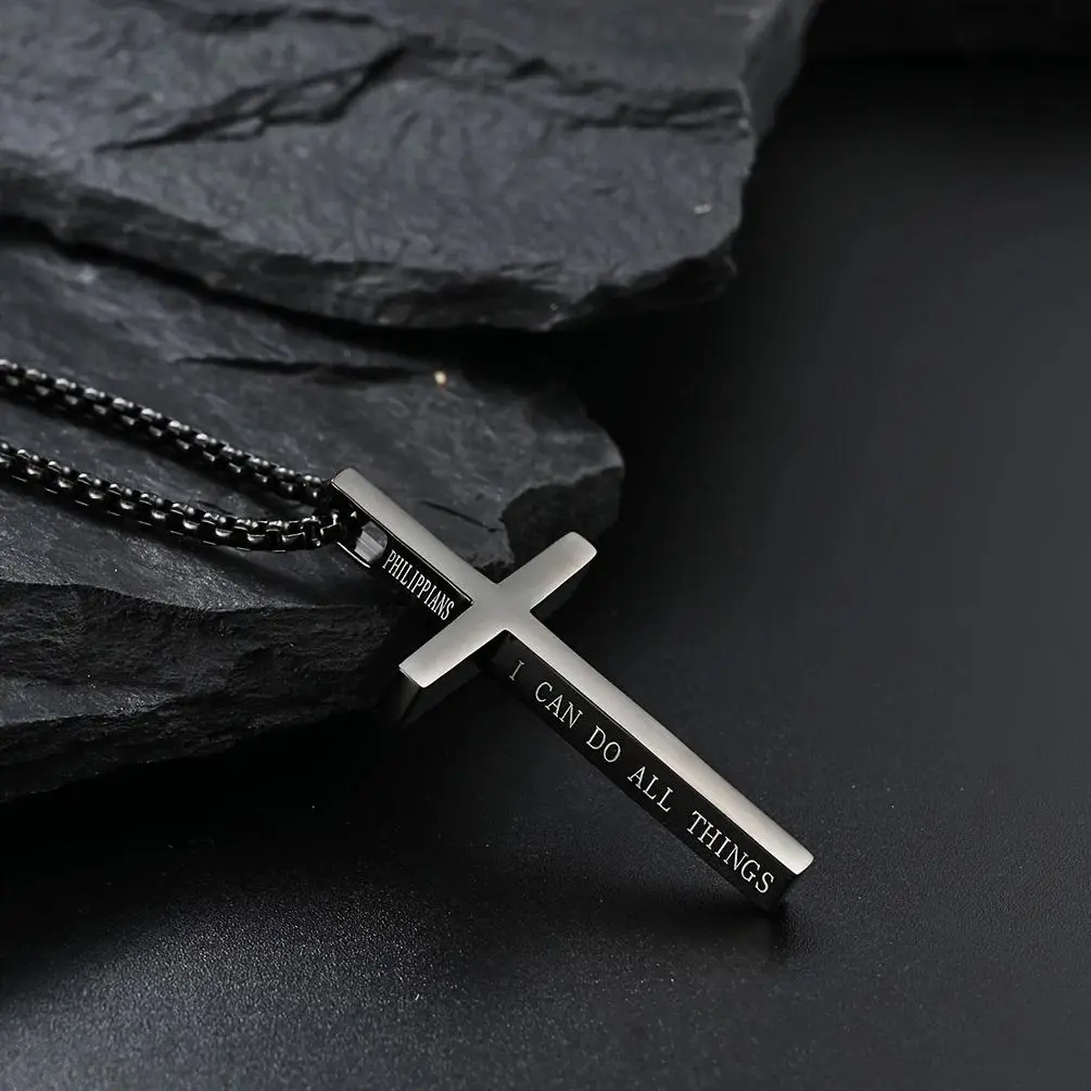 304L Stainless Steel Engraved Cross Necklace - Religious-Themed Men's Jewelry, Long Length Cross Ornament Necklace for Men, Religious-Themed Necklaces