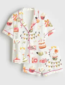 Women’s Birthday Celebration Satin Pajama Set, Party Theme Long Sleeve Silky PJs, Cute Festive Sleepwear, Gift for Her Lounge Set