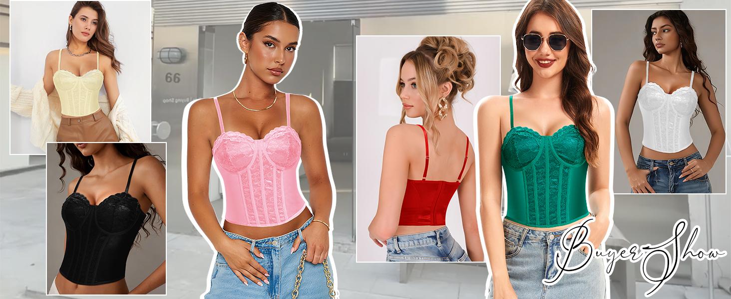 Werena Lace Corset Tops Underwire Camisole with Adjustable Straps & Back Hooks Shaping Waist Bustier Tops for Women Going Out Body Sculpting Compression Elegant