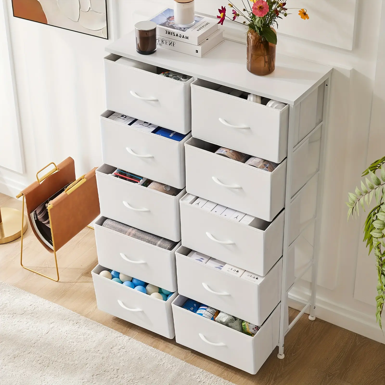 Dresser, Tall Dresser for Bedroom, Drawer Dresser Organizer Storage Drawers with 10 Drawers, Chest of Drawers with Fabric Bin, Steel Frame, Wood Top f