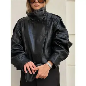 Autumn Faux Leather Jacket For Women Casual Solid Long Sleeve Zipper PU Leather CoatsFemale Streetwear Basic Minimalist Black Hoodie