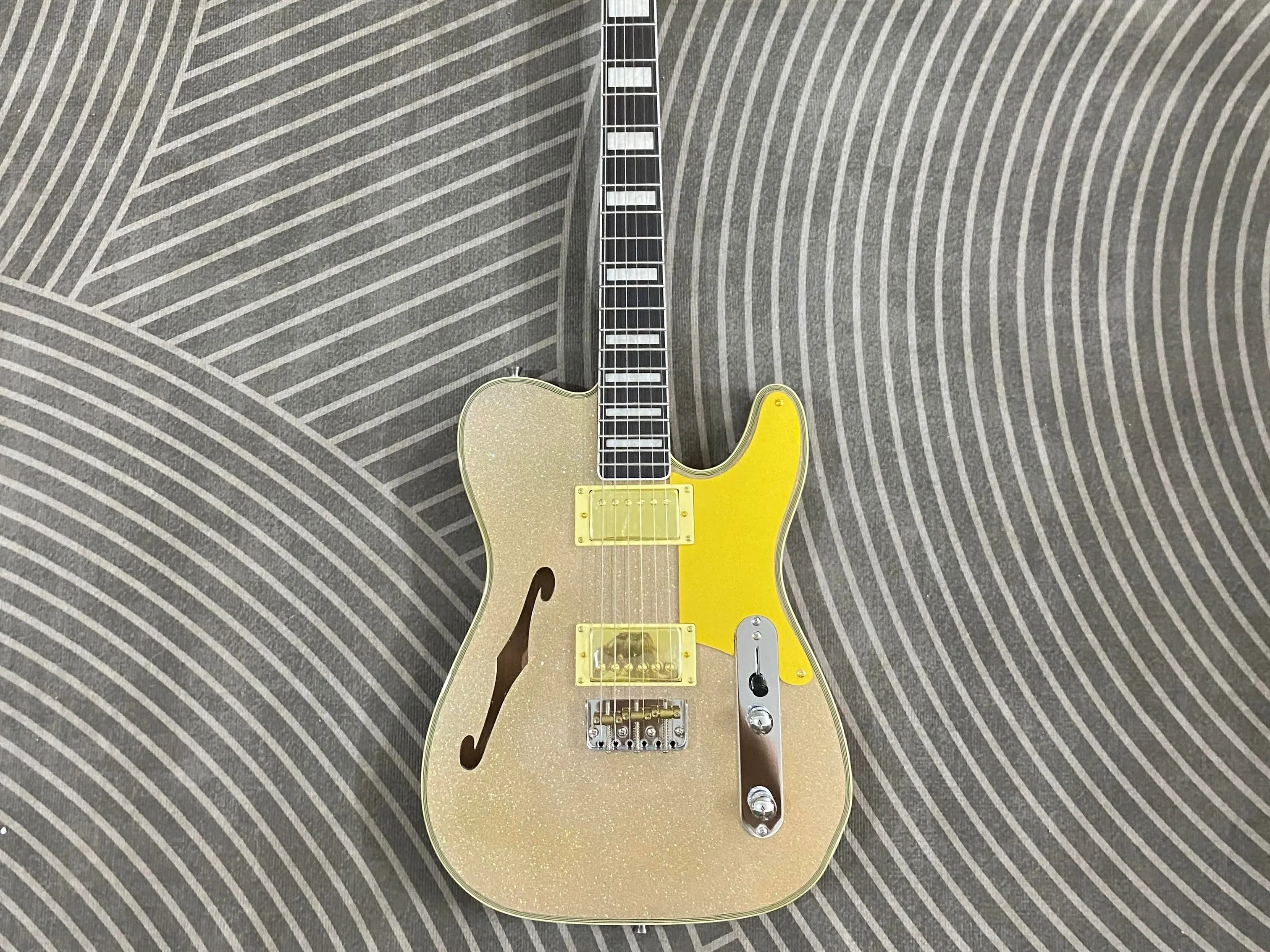 Semi-Hollow TL Style Electric Guitar, Sparkling Pink Particle Finish, Maple Body, H-H Pickups