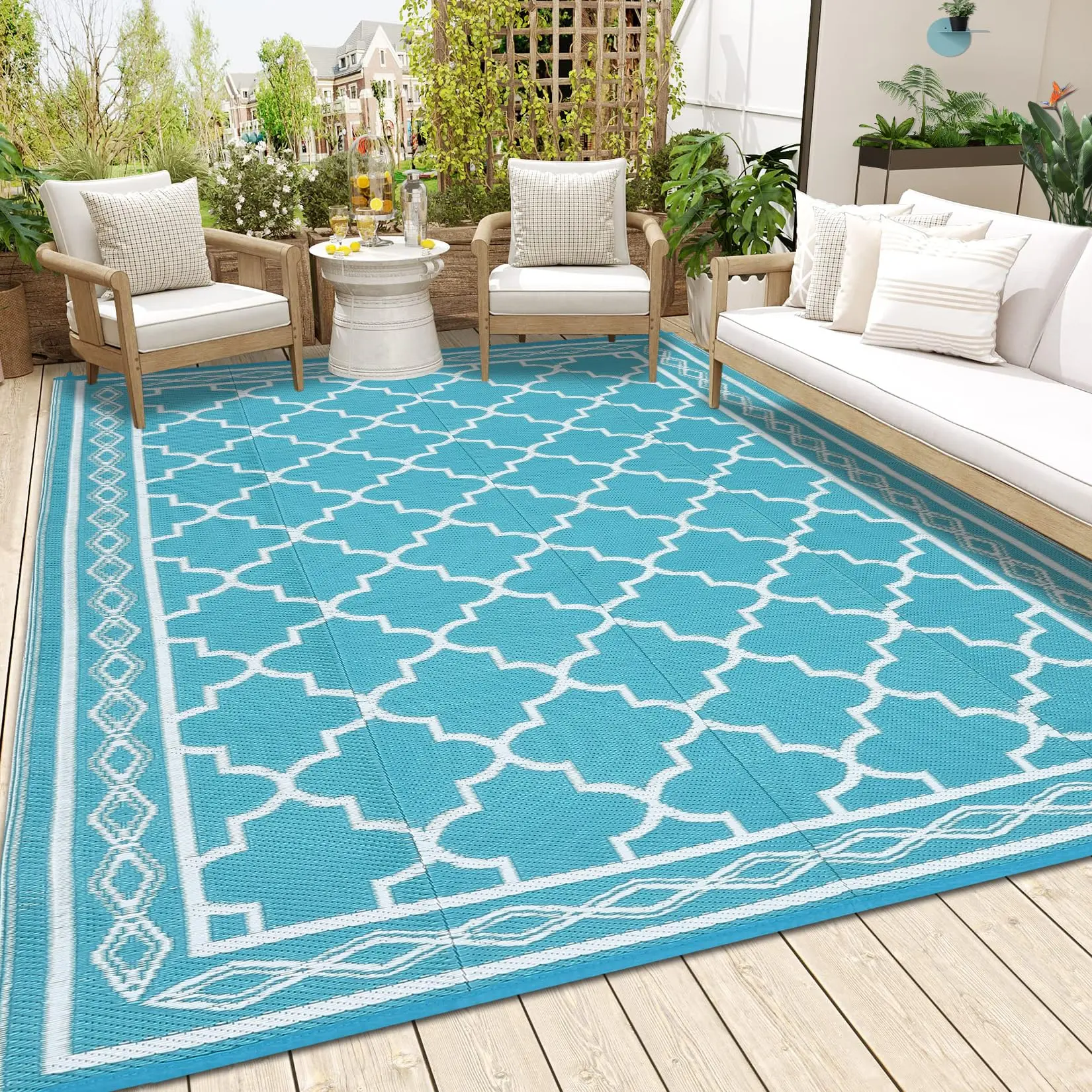 8x10ft Reversible Mats, Outdoor Rug for Patio Clearance, Waterproof Carpet, Plastic Straw Rug for Indoor Outdoor, Floor Mat&Rug for RV Porch Camping Backyard Deck Trailer (Light Blue/White)