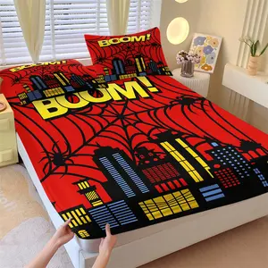 Vintage Comic Spider Web City Fitted Sheet Set & 2 Pillowcases No Core, Red Base Color, Black Web & City Silhouette, Soft Non-Slip Wrinkle Resistant, Energetic Upbeat Bedroom Decor Gift Choice, In Stock