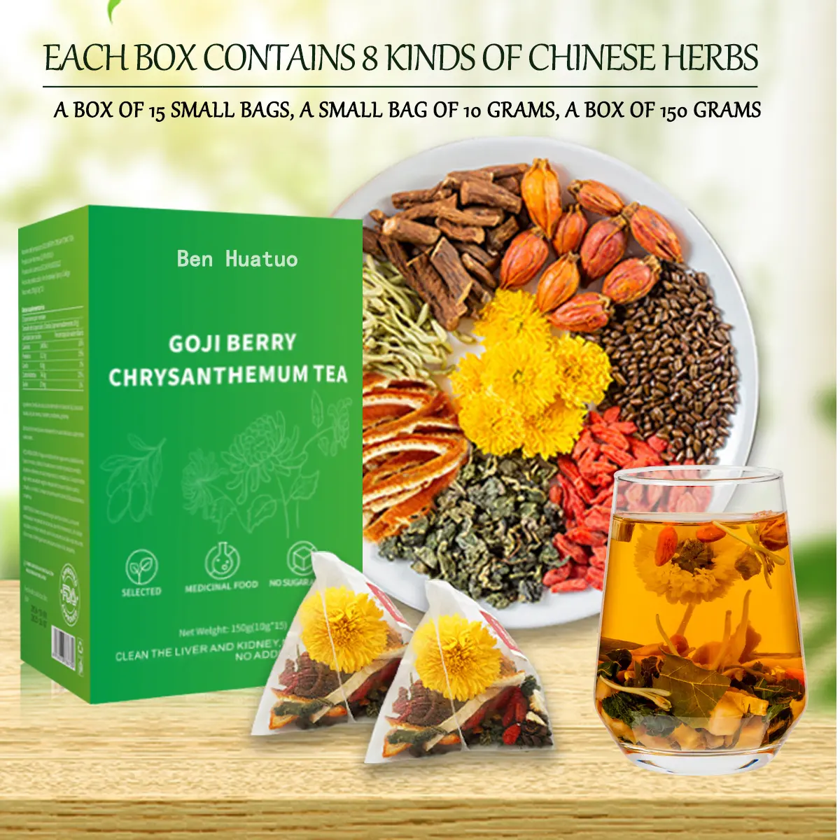 Goji Berry Chrysanthemum Tea -A natural blend of eight herbal ingredients  ，15packs，Dandelion, wolfberry, honeysuckle, chrysanthemum, and cassia seeds;plant herbs