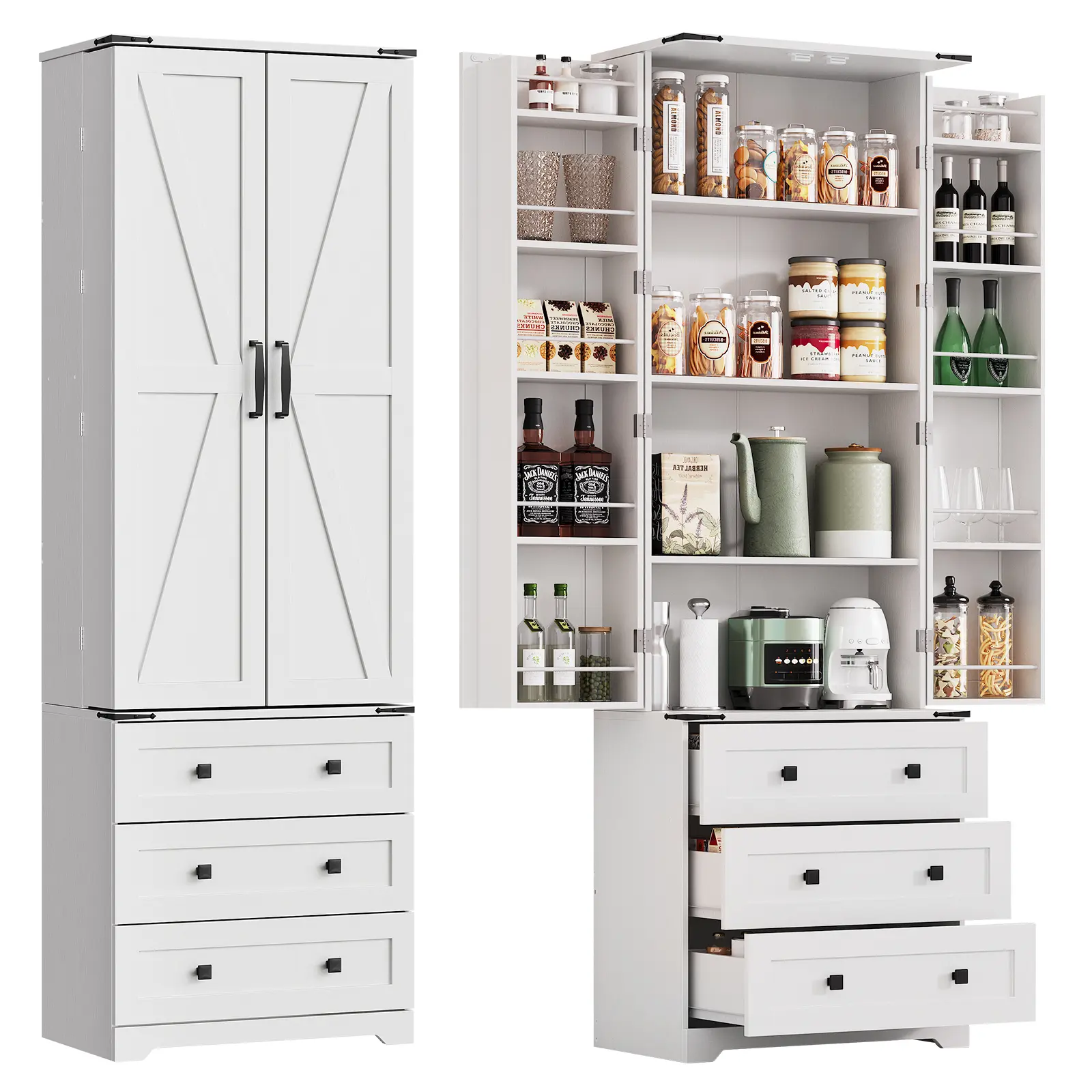 72 Inch Farmhouse Freestanding Storage Cabinet, Wood Pantry Cupboard with 2 Barn Doors, 3 Drawers and Adjustable Shelves, Tall Pantry Cabinet Organizer for Kitchen Dining Room Living Room Entryway Home Office