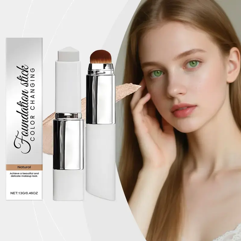 Color Changing Foundation Stick 13g, Dual End Design With Built-In Soft Makeup Brush, Temperature Adjusting Shade Matching Foundation, Lightweight Hydrating Concealer Stick, Natural Long Lasting Coverage For All Skin Types