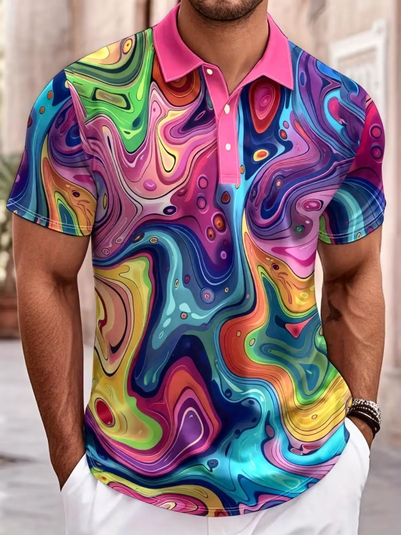 Men's Summer Fashion Short Sleeve Tropical Streetwear Collared Polo Style Shirt, Geometric Print, Casual Fitted T-Shirt, Polyester Clothes Fabric, Breathable Menswear, Casual Polo Shirts, Breathable Summer Polos, All Seasons