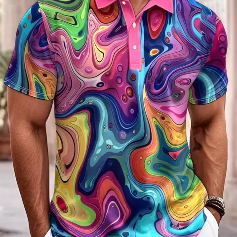 Men's Summer Fashion Short Sleeve Tropical Streetwear Collared Polo Style Shirt, Geometric Print, Casual Fitted T-Shirt, Polyester Clothes Fabric, Breathable Menswear, Casual Polo Shirts, Breathable Summer Polos, Casual Breathable Clothing, All Seasons