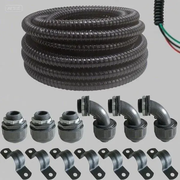 25 Feet Flexible Liquid Tight PVC Conduit Kit - Extra Flexible Black Electrical Conduit with 3 Couplings, 3 Elbows & 7 Straps - Sealtight Seal Flex Wire Protection - Waterproof Durable Wiring Solution