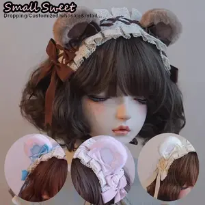 Women Goth Bear Ear Bow lovely Hair bands Harajuku Gothic Lolita Y2K girl Brown ears hair band Punk Lace Sweet Ruffled Headband