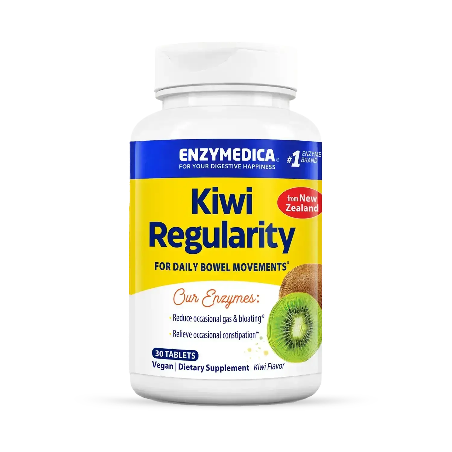Enzymedica Kiwi Regularity - Bowel Movement Supplement for Women & Men, Occasional Constipation Support, Reduces Gas & Bloating, Daily Digestion & Gut Health Support for Adults - 30 Chewable Tablets