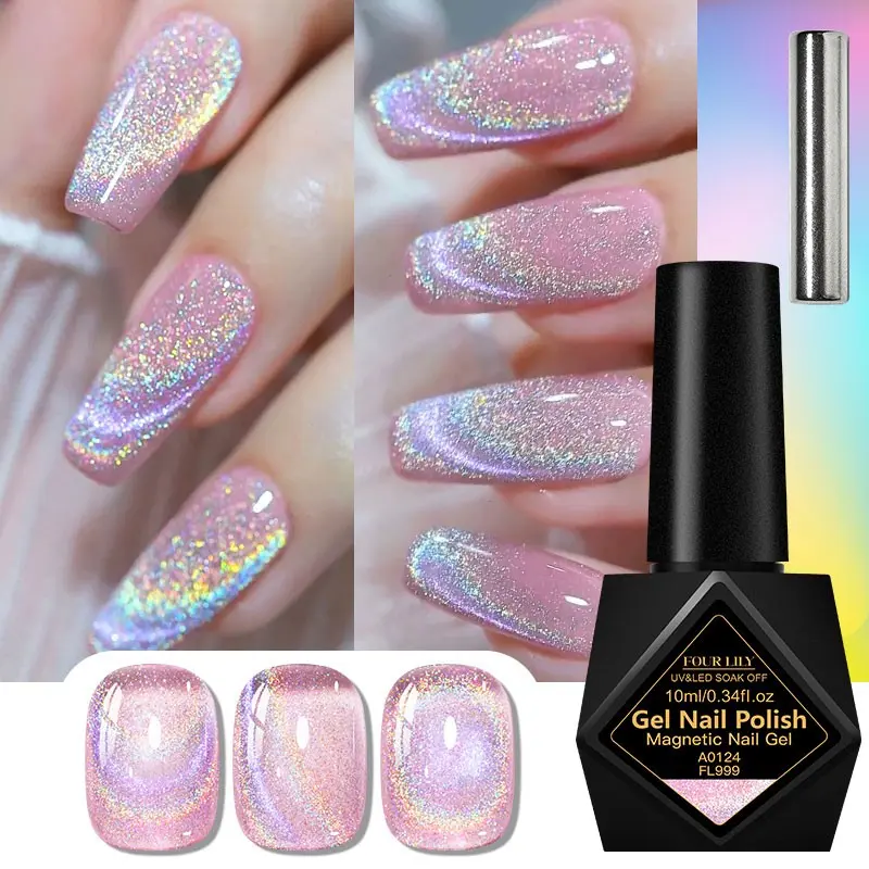 FOURLILY Rainbow Cat Eye Gel Nail Polish with Magnet Stick, Gel Nail Polish With Uv Light, Holographic Glass Bead Magnetic UV Gel, Soak Off Nail Varnish, Manicure Gels for DIY Home & Salon Manicure, Nail Art, Y2K Nails