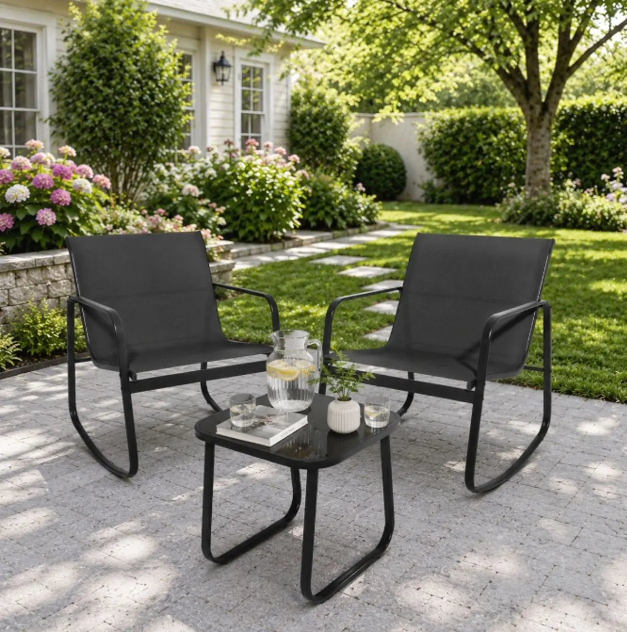 3 Piece Outdoor Patio Conversation Set Textilene Patio Bistro Set with Coffee Table Modern Rocking Chairs Black