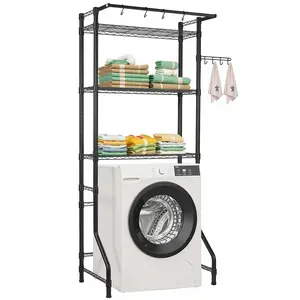 VEVOR Over Washer and Dryer Storage Shelf, 3 Tiers Laundry Room Drying Rack with Hanger Rod and Hooks, Single Row Adjustable Washer Shelves Space Saver, for Laundry Room Storage & Organization, Black
