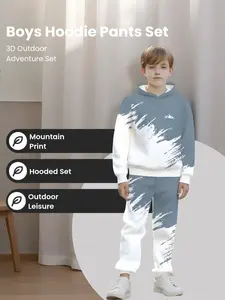 Boys' Casual Hooded Set, Slim Fit Two-Piece, Spring & Fall Wear, Random Print Design, No Zipper, Without Collar