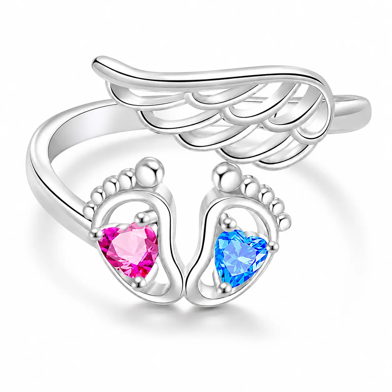 S925 Sterling Silver Angel Wing Toe Ring for Women, Adjustable Open Ring with Colorful Heart Crystal Footprint Design, Personalized Mommy Angel Engraved Jewelry Gift for Mom, Mother’s Day, Birthday and Special Occasions