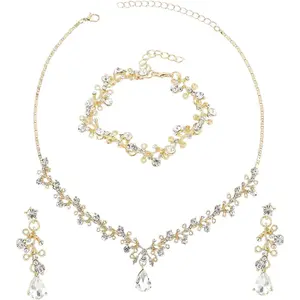Rhinestone Wedding Jewelry Sets for Bridal Women Crystal Necklace Bracelet Earrings Set Prom Jewelry Set for Brides