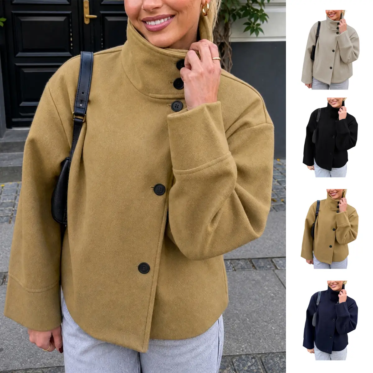 Ommig 2026 Women's Wool Blend Pea Coat, Casual Chic Cropped Loose Fit Jacket with Lapel Collar, Minimalist Outerwear for Autumn Winter, Basic, High Neck, Buttoned, Clothes, Tops