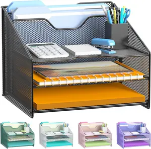 Samstar Desk File Organizer, Mesh Letter File Folder Holder with 3 Paper Trays and 2 Vertical Upright Section, for Office Supplies,Desk Accessories & Workspace,Black.