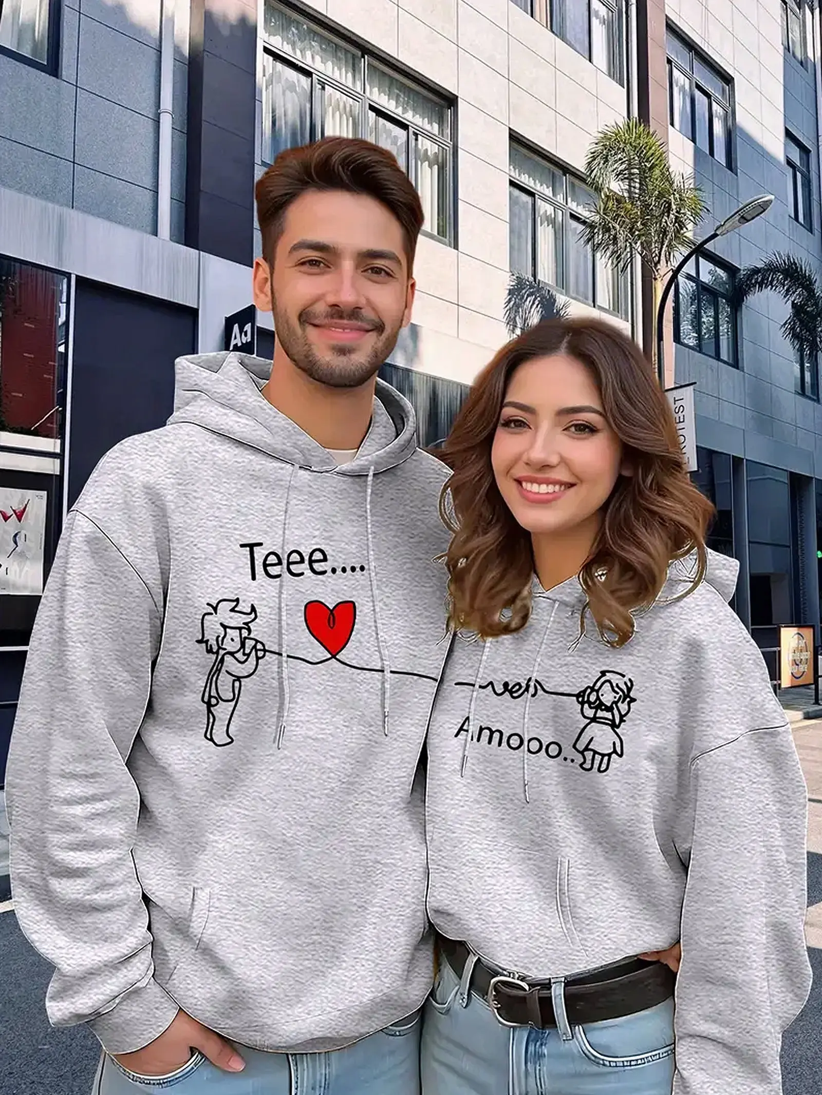 Coat with Geometric Love Couple Matching Outfits Hoodies Pullover for Women for Men Unisex, Perfect Gift Anniversary Clothes