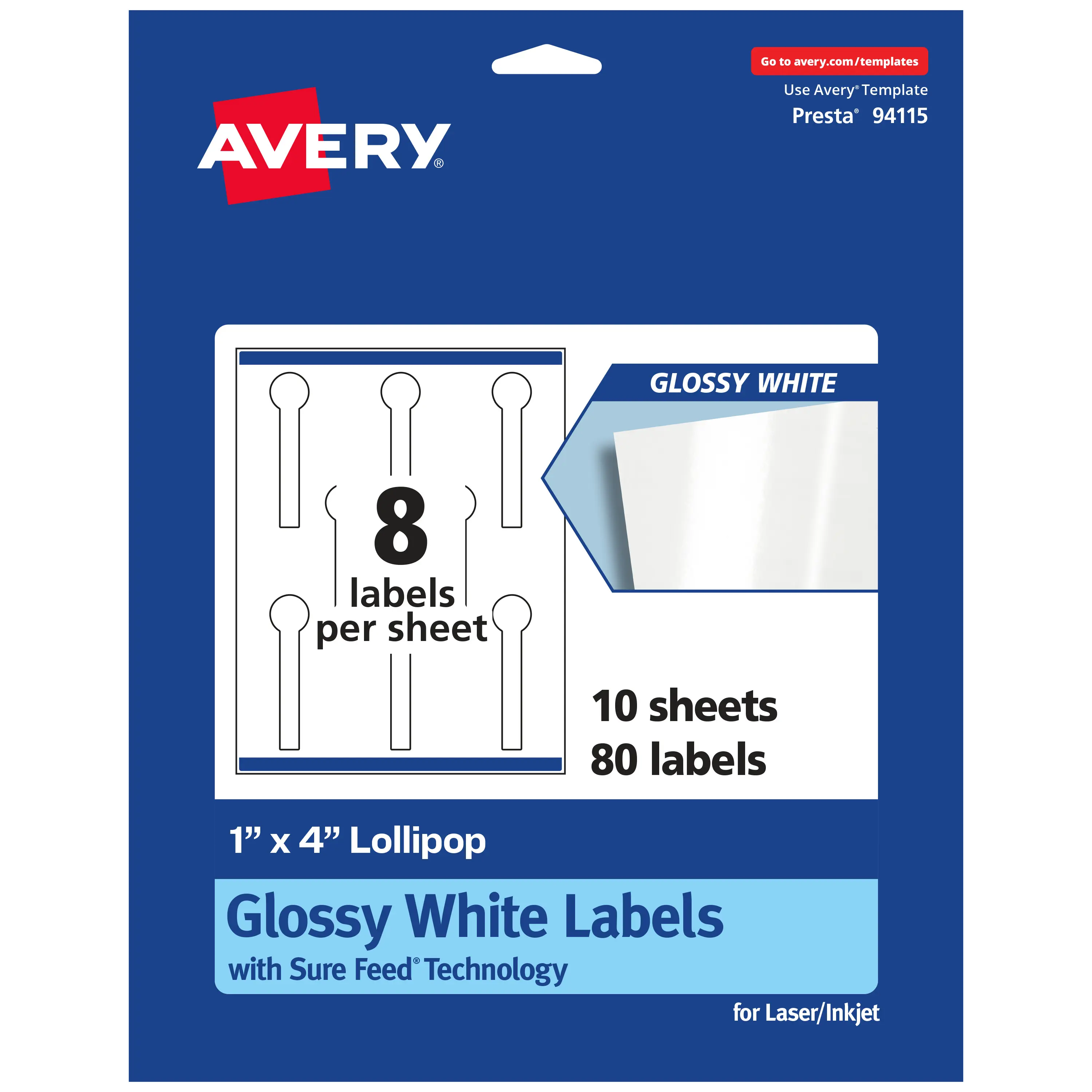 Avery Glossy White Lollipop Labels with Sure Feed, 1" x 4"