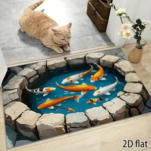 3D Koi Pond Themed Floor Mat Large Small Size Non Slip Water Absorbent Microfiber Washable Doormat for Home Room Entrance