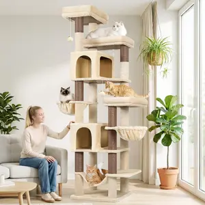 Globlazer Heavy Duty 82" Cat Mansion, Space-Saving Corner Cat Furniture with 2 Condos & 7 Sisal Scratching Posts