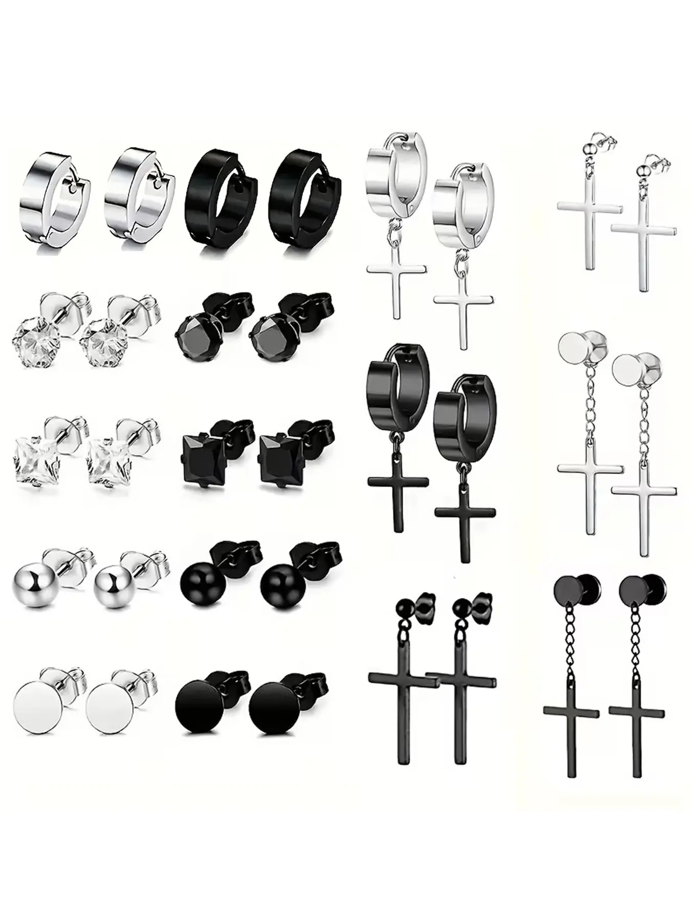 16 pairs of fashionable men's dumbbell cross pendant earrings set Fashionable Jewelry Accessories Earring Stack punk hip-hop style suitable for everyday party casual wear earrings Stainless Steel Hoops