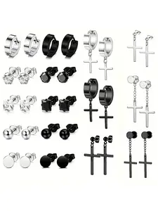 16 pairs of fashionable men's dumbbell cross pendant earrings set punk hip-hop style suitable for everyday party casual wear earrings