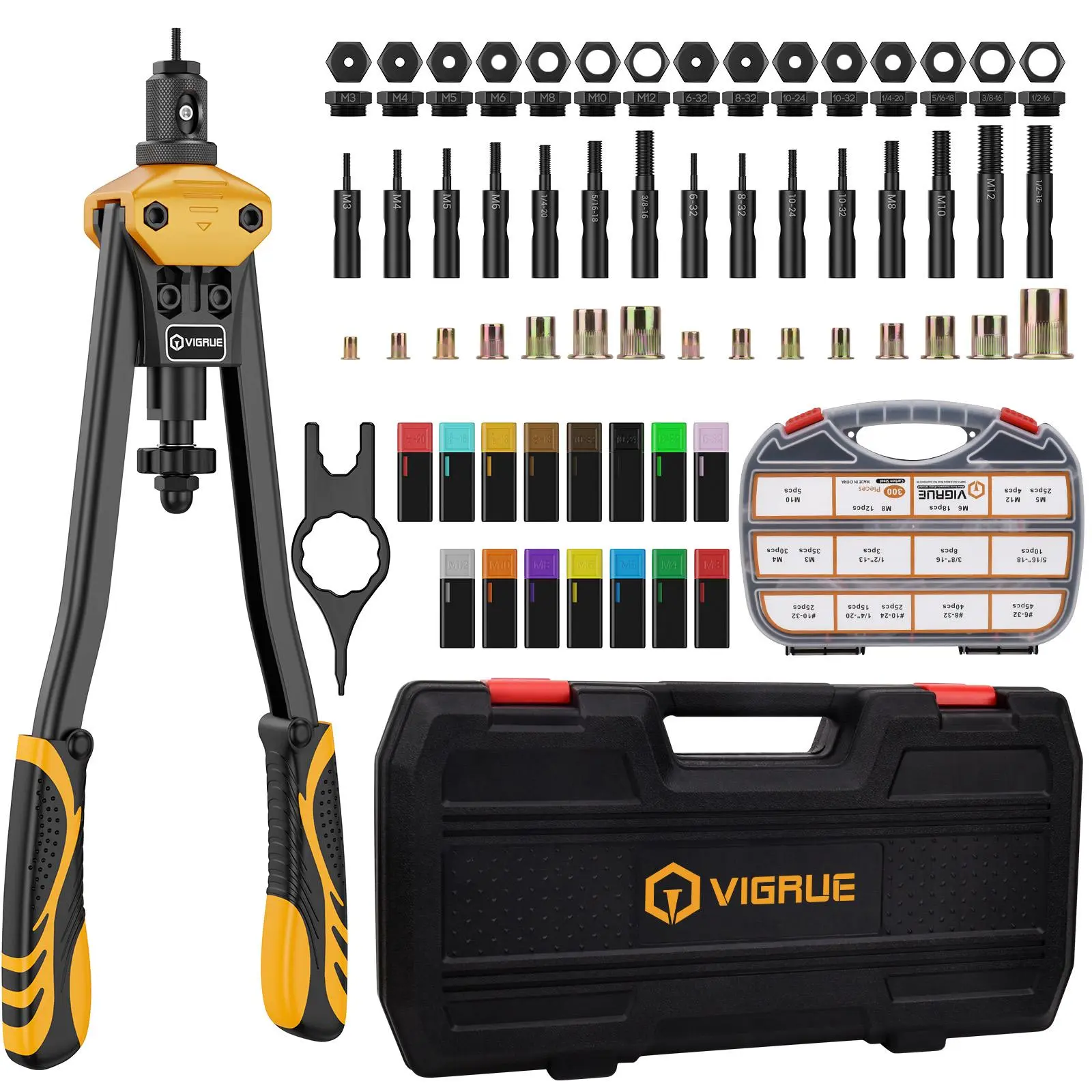 VIGRUE 16'' Rivet Nut Tool Kit Nutserts Rivnut Hand Tool Set with 15PCS Metric & Inch Mandrels M3 to M12, 6-32 to 1/2-13 and 300PCS Metric & SAE Rivet Nuts Assortment bow go Telescoping Magnetic hardware  tools Industrial Metal Heavy Duty