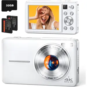4K Digital Camera, 64MP Autofocus Vlogging Camera with Front Rear Lens, Flash, 16X Zoom, Anti-Shake, 32GB Card, Compact Point Shoot Camera for Teens Adult Beginner Travel Photography(White)