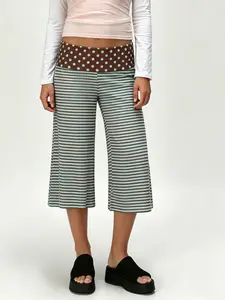 Women's Colorblock Polka Dot Striped Elastic Wide Leg Pants, Casual Loose-Fit Cropped Trousers, Perfect for Daily Wear