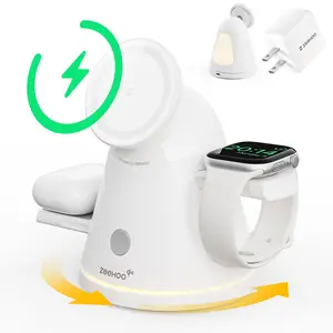 ZEEHOO 4-in-1 Wireless Charging Station - 15W Qi2 MagSafe Charger with 360° Rotating Stand, Dimmable Light & 30W Adapter for Compatible Phones, Earbuds, Smart Watches + Mobile Electronic Wearable Accessories, Headphones tiktokshopspringglowup