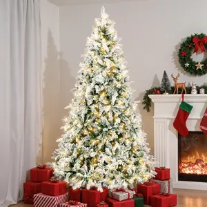 【On Sale】7.5ft Pre Artificial Christmas Tree with 350 Lights, lit Snow Flocked Pencil Tree