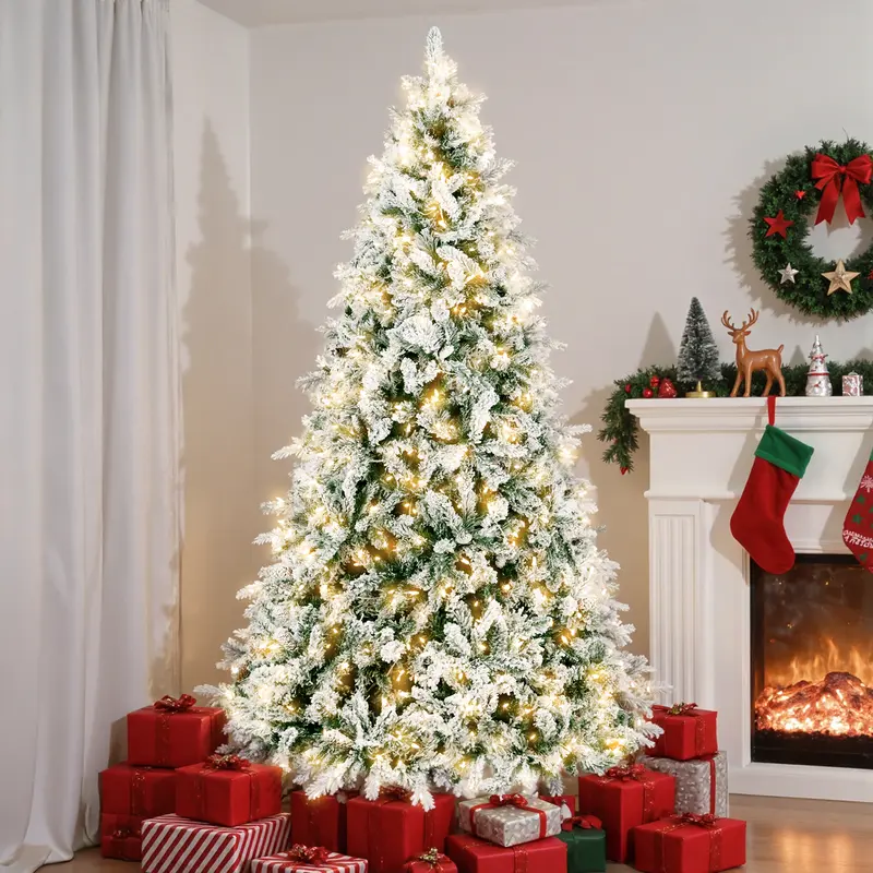 【On Sale】7.5ft Pre Artificial Christmas Tree with 350 Lights, lit Snow Flocked Pencil Tree