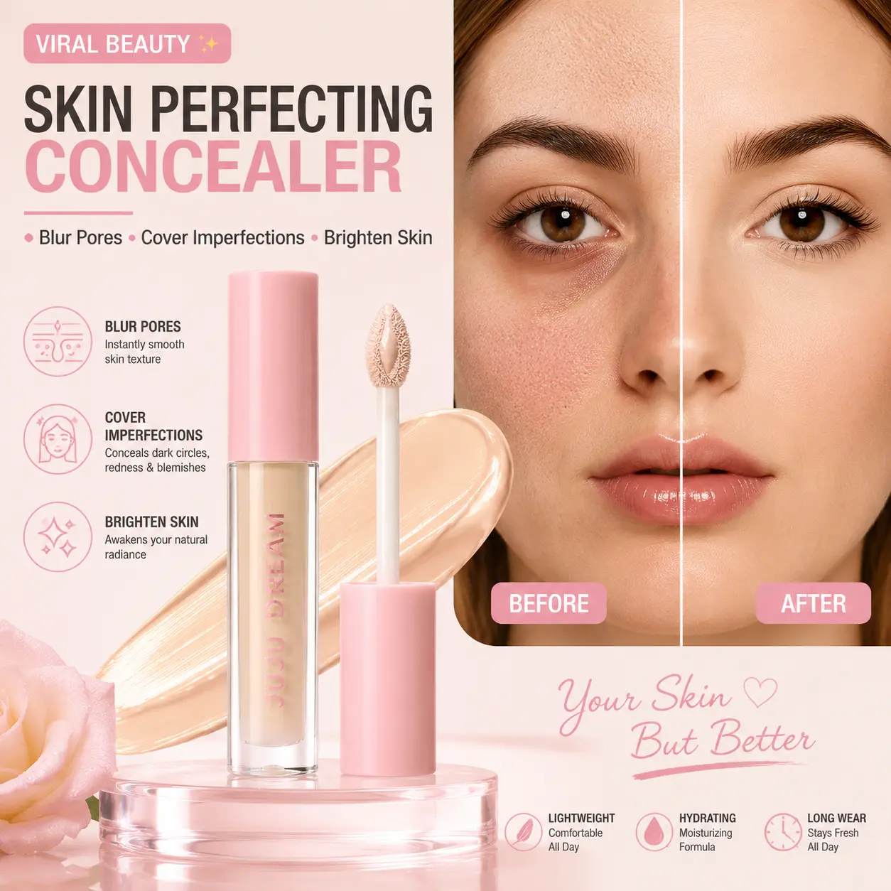 Liquid Concealer - 3g Lightweight Full Coverage Makeup, Oily Skin-Friendly, Moisturizing Oil Control Formula for Dark Circles, Blemishes, Minimizing Redness & Uneven Skin Tone, Long-Lasting Natural Finish Cosmetic