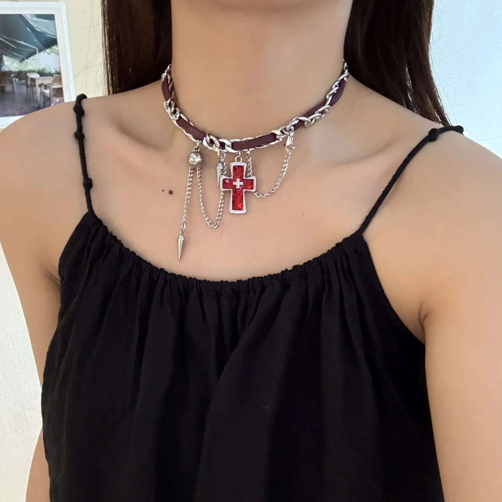 Vintage Y2K Alt-Style Red Cross Pendant Choker - Leather & Metal Chain, Spike Tassel Punk Goth Streetwear Jewelry for Girls