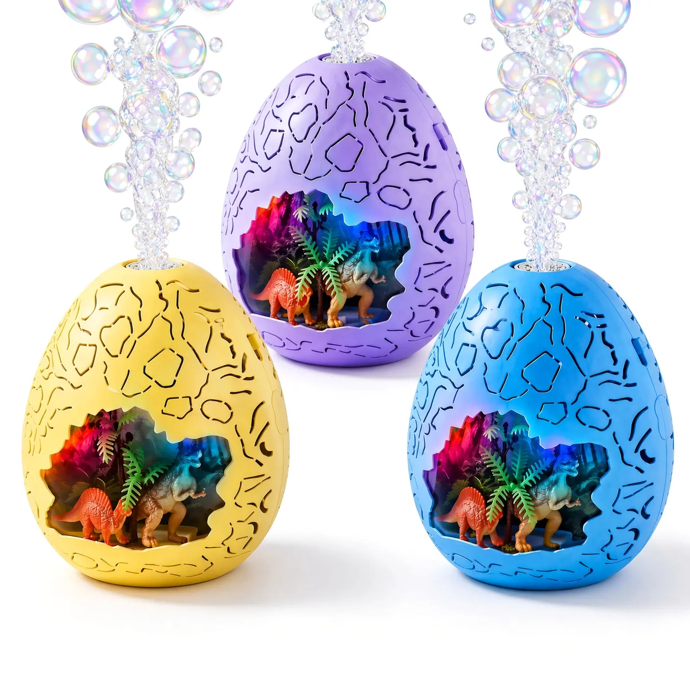 Dinosaur Egg Bubble Machine for Kids, Rechargeable Automatic Bubble Blower with Colorful Lights and Music, Dinosaur Scene Design for Backyard Play and Birthday Parties