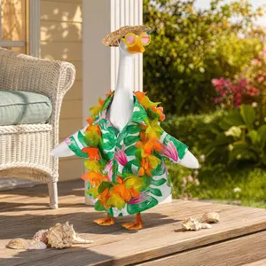 4 Pcs/Set Hawaiian Porch Goose Outfits, Summer Lawn Goose Costume, Yard Goose Clothes Hawaiian Wreath with Straw Hat Glasses for 23" large Statue Patio Garden Decoration accessories