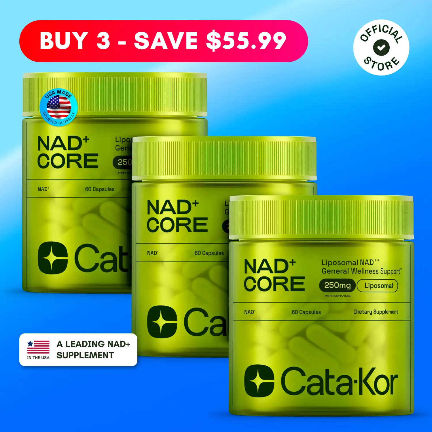 Cata-Kor NAD+ Core - 3x 250mg NAD Supplement - 180 Capsules - Boost Vital NAD+ L...