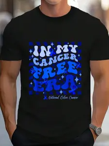 100% Cotton In My Cancer Free Era National Colon Cancer Awareness Teal T-Shirt Women's Men's Graphic Tee Crew Neck summer vacation Tops