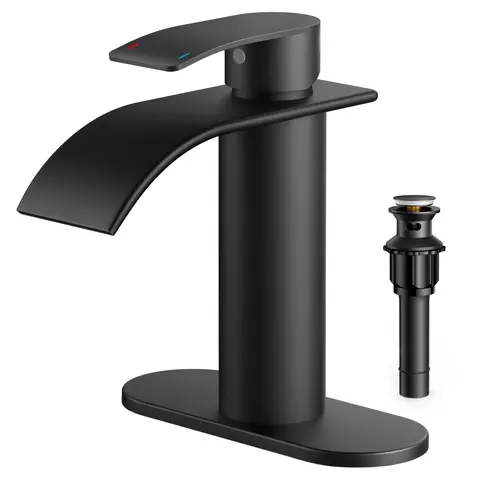 FORIOUS Modern Matte Black Bathroom Faucet, Single Handle Stainless Steel Sink Tap with Metal Pop-Up Drain, Drip-Free Waterfall Design, 24"-Hose, 4.5L Capacity, 6.49in Deck Plate for Standard Sinks, 1-Hole Setup, Home Essential for DIY Users